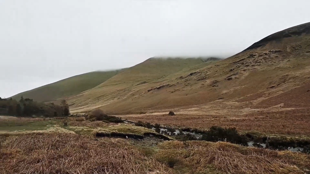 Misty hills with a stream flowing amid golden grasses